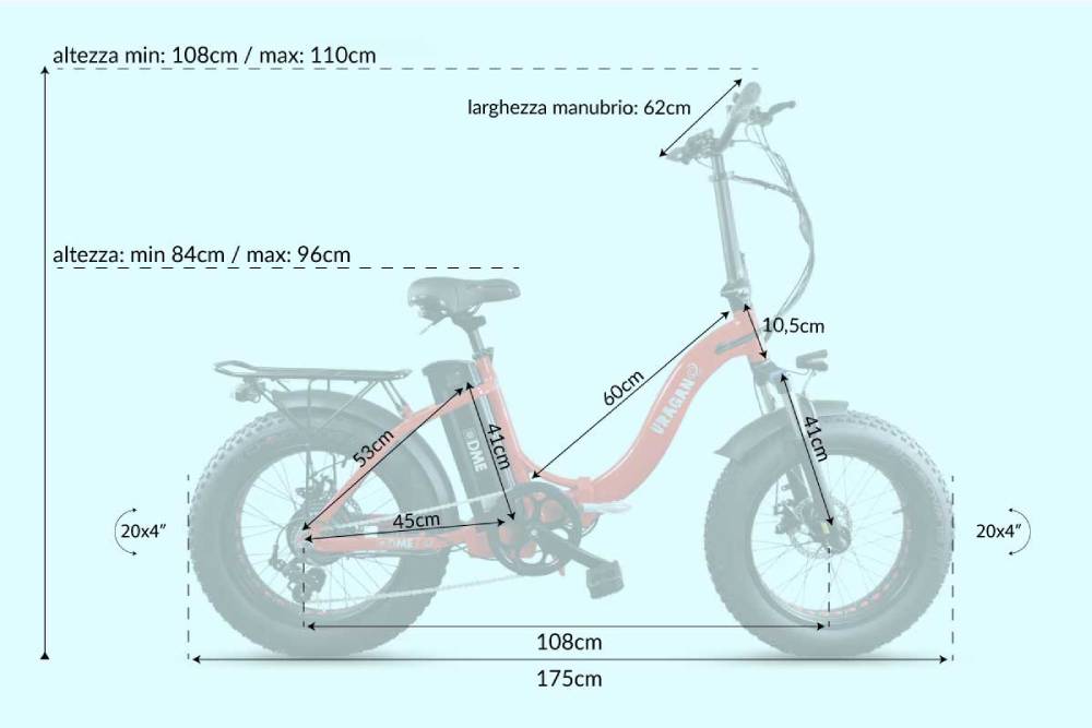 Dimensioni bicicletta elettrica pieghevole pedalata assistita Fatbike 20" 250W 10Ah DME Uragano aperta